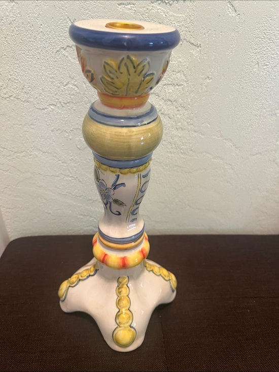 Vintage Other - #2130*Hand-Painted Blue and Yellow Ceramic Candlestick - Decorative Home Accent